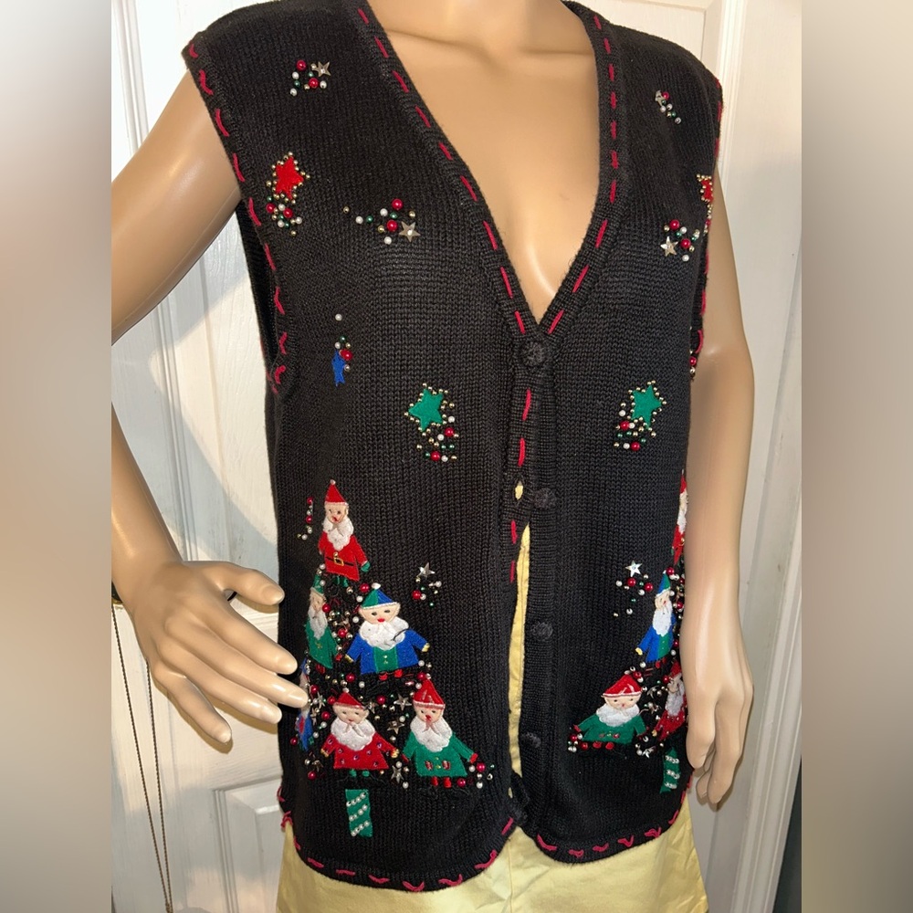 Bobbie Brooks Christmas Sweater Vest Santa Elf Tree Size Large